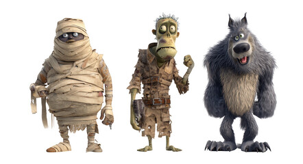 Three animated characters, mummy, zombie, and werewolf, stand together playful pose, showcasing their unique designs and expressions. scene is vibrant and fun, appealing to fans of animated films