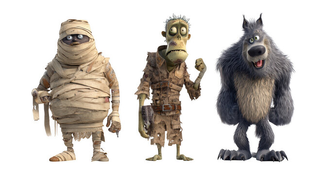 Three animated characters, mummy, zombie, and werewolf, stand together playful pose, showcasing their unique designs and expressions. scene is vibrant and fun, appealing to fans of animated films