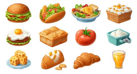 Delicious food icons including burger, hot dog, salad, dessert, and beverages create vibrant and appetizing collection. Perfect for menus or culinary designs
