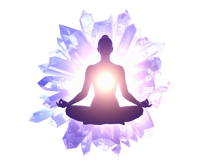 Silhouette of person in lotus pose with glowing aura and mystical props isolated on transparent background PNG