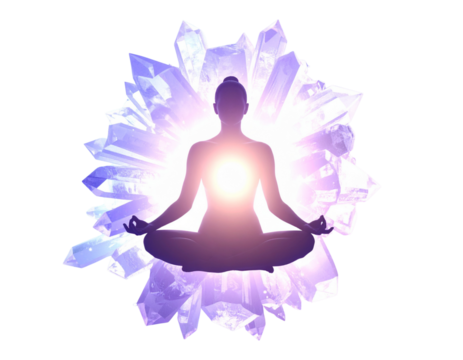 Silhouette of person in lotus pose with glowing aura and mystical props isolated on transparent background PNG - Powered by Adobe