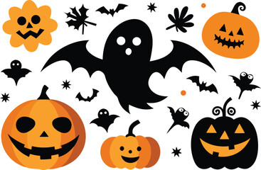 Fototapeta premium Spooky halloween vector graphic collection with pumpkins ghosts bats and skulls scalable illustration eps