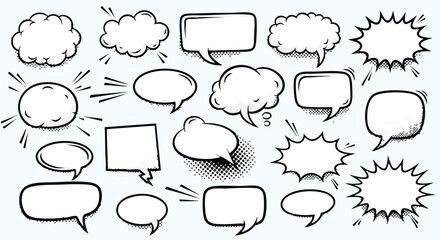 Fototapeta premium A collection of hand-drawn speech bubbles and thought clouds in various shapes and styles, outlined in black on a light background.