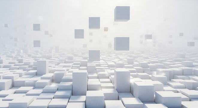 Abstract white cubes creating a vast digital landscape with floating geometric forms and network connections