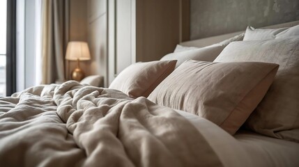 Cozy Modern Bedroom Interior with Soft Blanket and Warm Lighting"