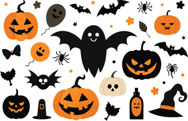 Spooky halloween collection vector illustration 200 pumpkins ghosts bats icons