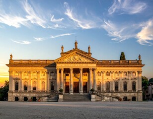 Obraz premium Majestic palace square with a central Renaissance building flanked by two smaller wings, glowing in the late afternoon sun.