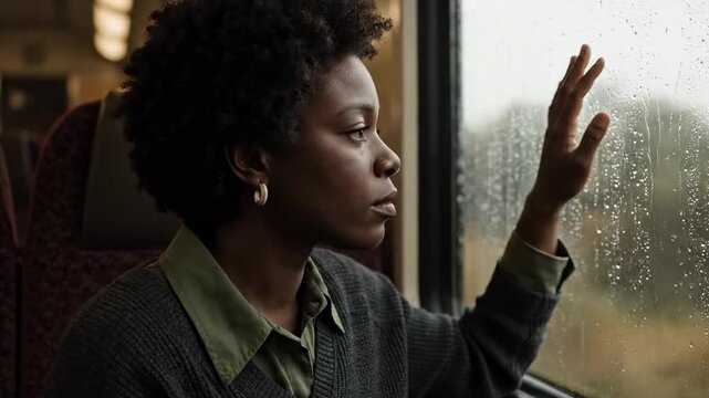 short hair black women - A contemplative woman gazes out of a train window on a rainy day, with raindrops cascading down the glass, reflecting her introspective mood and the blurred landscape outside