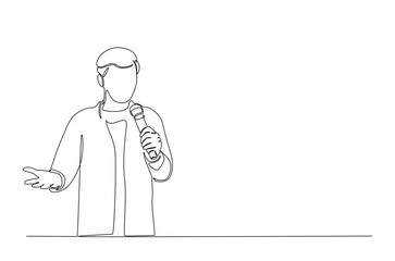Man holding microphone singing favorite song in continuous one line drawing. Single line art illustration of vocalist performing in festival.
