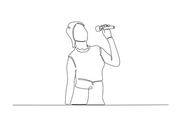 Woman holding microphone singing favorite song in continuous one line drawing. Single line art illustration of vocalist performing in festival.