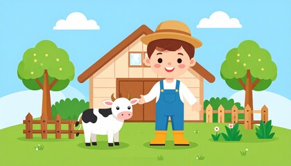 Fototapeta premium Cute Boy Farmer with Calf in a Cartoon Farm Scene