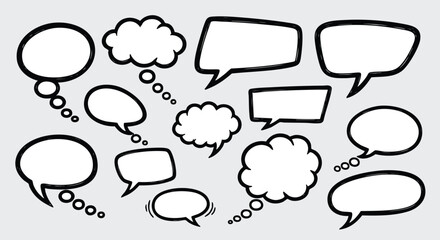 Fototapeta premium A collection of diverse speech bubbles and thought clouds, outlined in black, against a light gray background, representing communication.