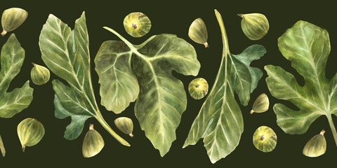 Green fig and leaves seamless border. Realistic watercolor plant botanical horizontal repeating pattern for fabric, packaging, labelling. Hand drawn illustration Isolated on dark coloured background 