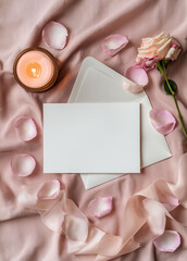 Obraz premium Wedding stationery mockup with envelope, candle and rose petals