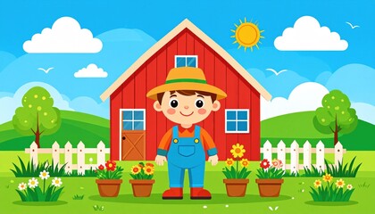 Naklejka premium Cute Cartoon Farmer Boy in Front of a Red Barn with Flowers and Plants