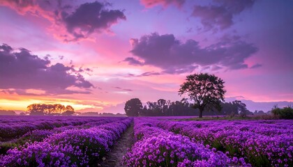 A vast field of vibrant purple lavender flowers stretches out under a breathtaking, colorful sunrise sky.