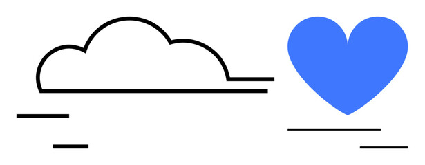 Black-outlined cloud and solid blue heart with minimalistic lines, symbolizing nature, love, simplicity, balance, care, connection, and positivity. Ideal for sustainability campaigns simple landing