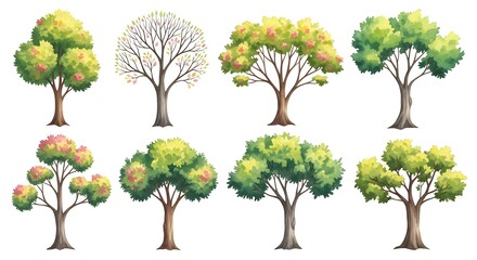 Collection of Colorful Cartoon Trees in Various Stages of Growth.