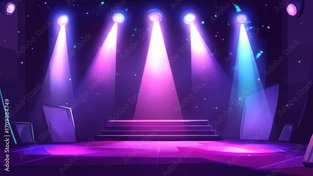Canvas Prints Empty stage lit by vibrant spotlights, creating a dramatic performance space.