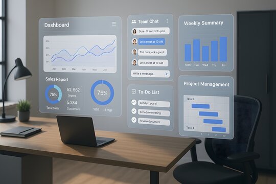 Augmented Reality Office Workspace with Virtual Screens and Productivity Dashboards - Powered by Adobe