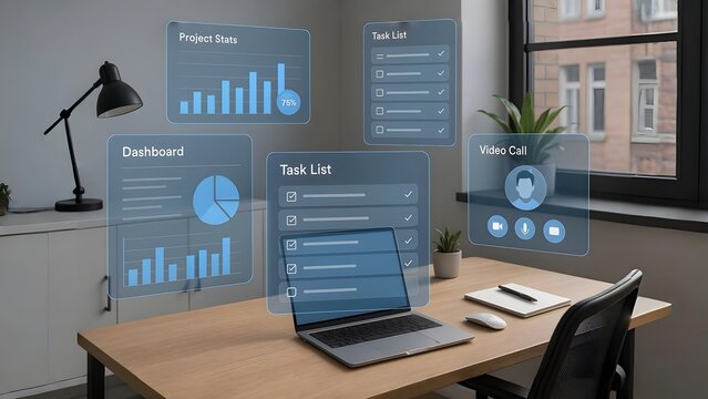 Augmented Reality Office Workspace with Virtual Screens and Productivity Dashboards