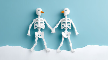 Fototapeta premium Two playful skeletons hold hands against a blue backdrop, featuring whimsical bird-like heads and a snowy base, creating a quirky, light-hearted scene.