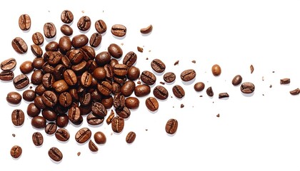 Elevated view capturing roasted coffee beans scattered on a white backdrop