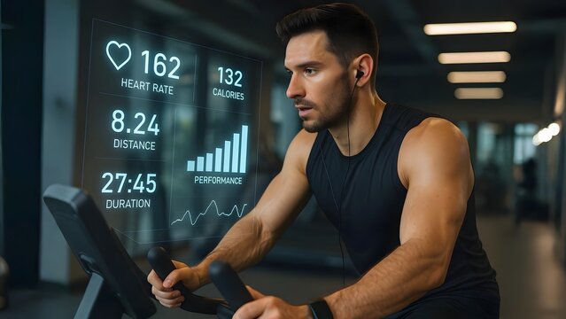 Fitness Enthusiast Using AR Interface to Track Exercise Stats on Treadmill