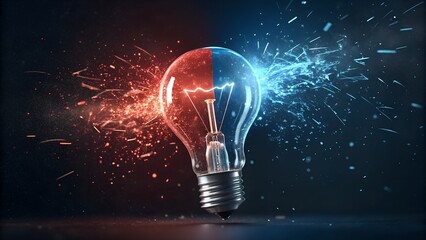 Light Bulb Split Between Red and Blue Energy Bursts