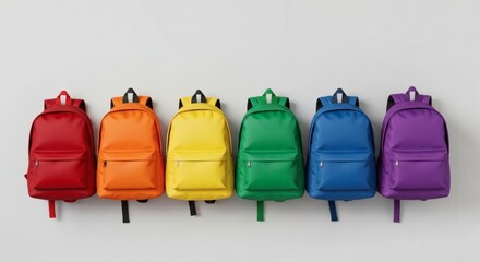 A row of colorful backpacks in rainbow order, from red to purple, displayed on hooks against a white background