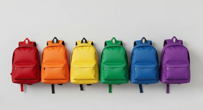 A row of colorful backpacks in rainbow order, from red to purple, displayed on hooks against a white background