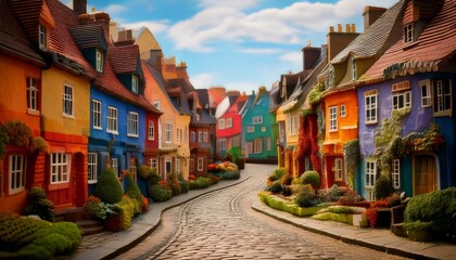 Fototapeta premium Charming Colorful Village Street with Cobblestone Road, Beautiful Architecture, and Lush Greenery Under a Bright Sky