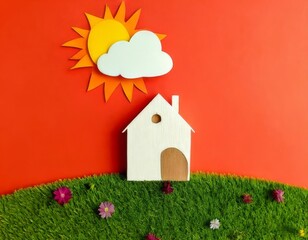 Dreamy Paper Home: A Peaceful Haven Under a Sunny Sky and Fluffy Cloud, Surrounded by Greenery and Flowers.