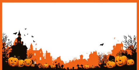 Obraz premium Spooky Halloween background featuring haunted town silhouette with scary pumpkins, bats, and eerie trees, perfect for festive decorations and celebrations