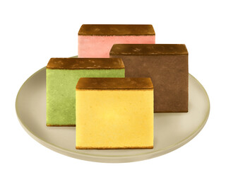 お皿にのった正面から見たプレーン、抹茶、チョコ、いちごカステライラスト