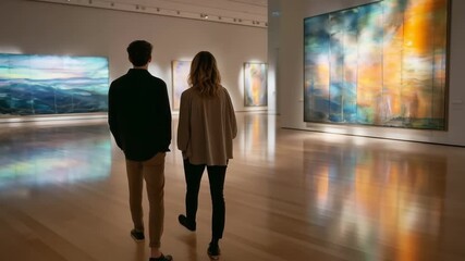 Back-view of couple standing side by side in spacious modern gallery gazing at bold abstract painting, warm glow on polished floor reflecting their silhouettes, sophisticated immersive ambiance - Powered by Adobe