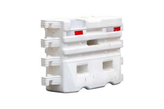 Plastic road barriers white blocking road in city isolated on cutout PNG or transparent background. Ensuring road safety with visible barriers. measures during roadside work or construction roadworks.