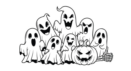 A group of cartoon ghosts and a pumpkin, Halloween themed.