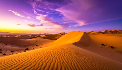 A sweeping vista of golden dunes at sunset, showcasing vibrant colors and sculpted sand formations.
