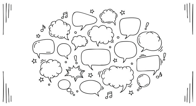 A collection of various speech bubbles and thought bubbles, arranged in a circular composition.