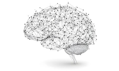 Polygonal glowing brain wireframe isolated on white backdrop