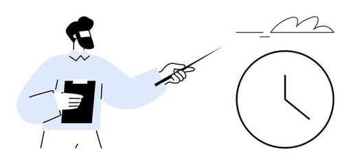 Man with beard holding clipboard pointing at clock with stick for time management demonstration. Ideal for scheduling, project planning, productivity, deadlines, guidance, coaching, simple flat