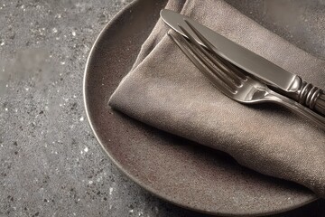 Elegant Table Setting Silverware Brown Napkin and Rustic Plate on Grey Surface