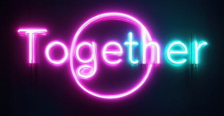 Bright neon sign displays word Together. Pink, turquoise hues dominate dark background. Modern typography creates vibrant visual impact.