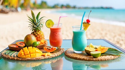 Vibrant exotic drinks with tropical beach backdrop