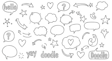 Collection of black line doodle speech bubbles, stars, hearts, and arrows on a white background.