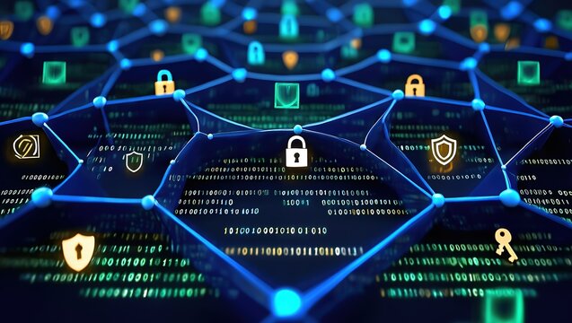  Futuristic encryption symbols with network grid and flowing binary code