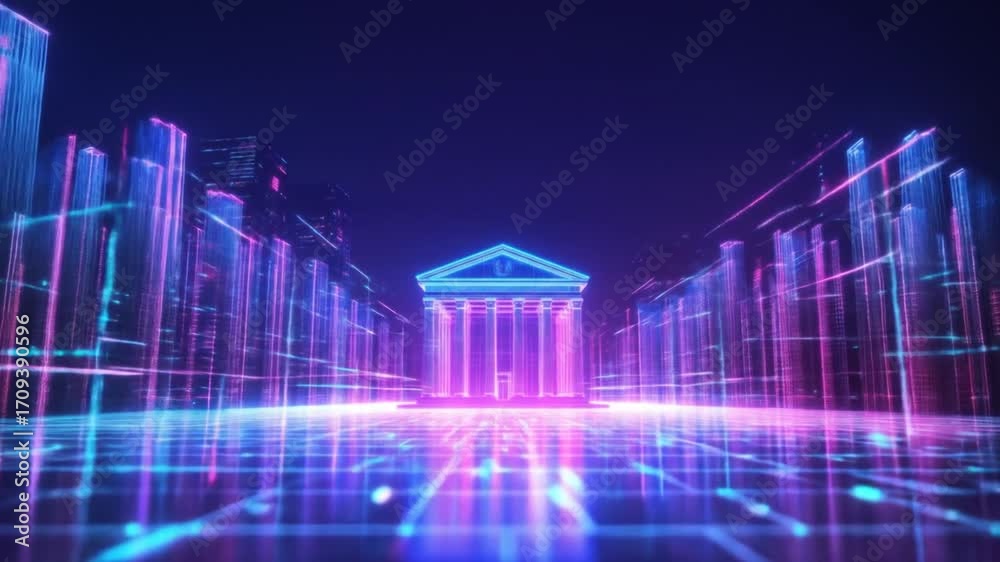 Wall mural neon-lit architectural structure resembling a bank or government building in a futuristic cityscape 