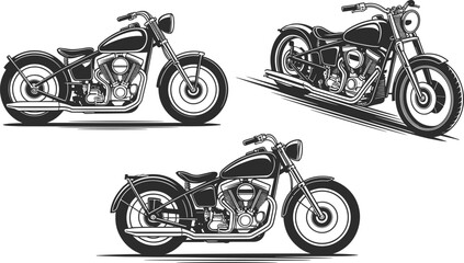 Vintage motorcycle illustration, custom chopper bikes clipart, retro motorbike design, black and white motorcycle art, classic ride graphic setVintage 
