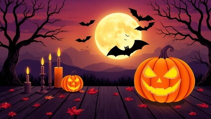 Fototapeta premium Spooky halloween night with glowing pumpkins bats and full moon